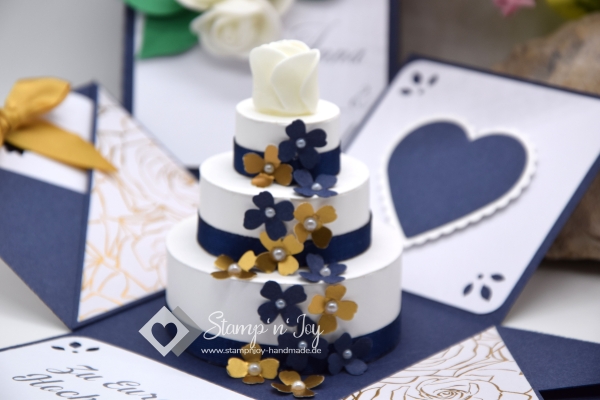 Explosionsbox Hochzeit ca. 9x9x9cm personalisierbar | Geldgeschenk | Torte rund | Rosen floral | blau gold weiß | Art. Nr. 03020504